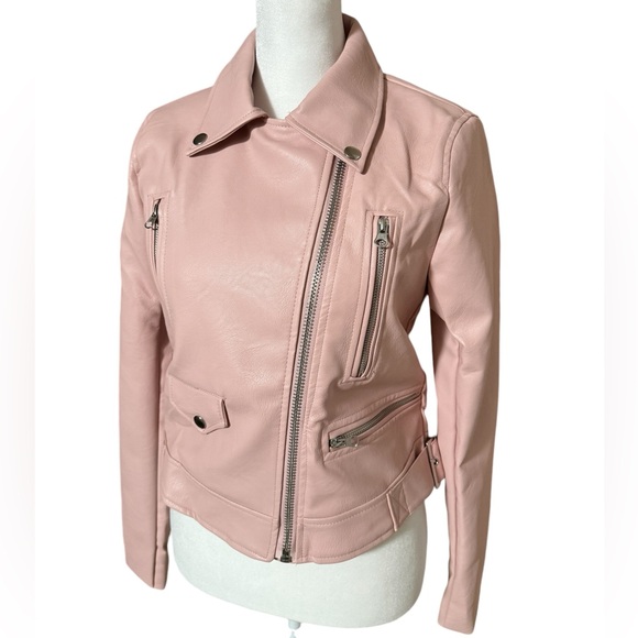 Moto Faux Leather Biker Jacket (Blush Pink) - Picture 4 of 9
